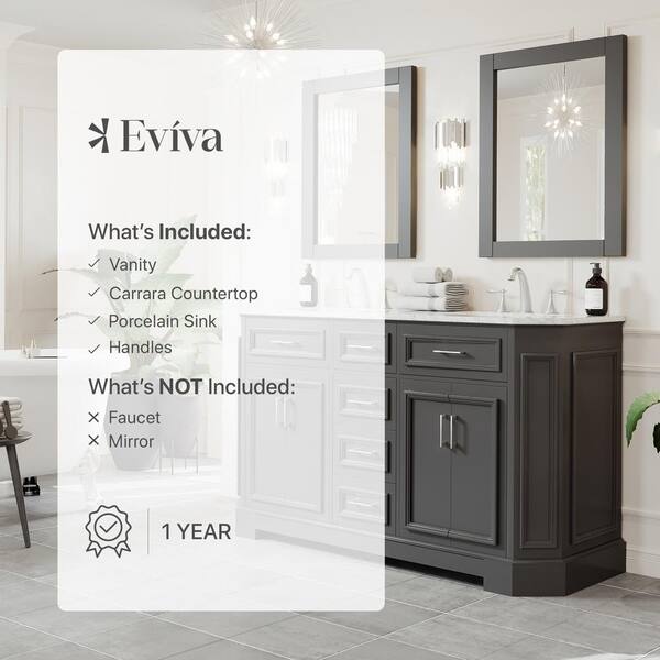 Eviva Glory 42 in. W x 22 in. D x 33 in. H Bathroom Vanity in Dark Gray with White Cararra Marble Top with White Sink