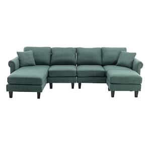 108 in. W Fabric Seat 2-Arms 4-Piece L Shaped Sectional Sofa in Emerald Green with Removable Ottoman and Wood Legs