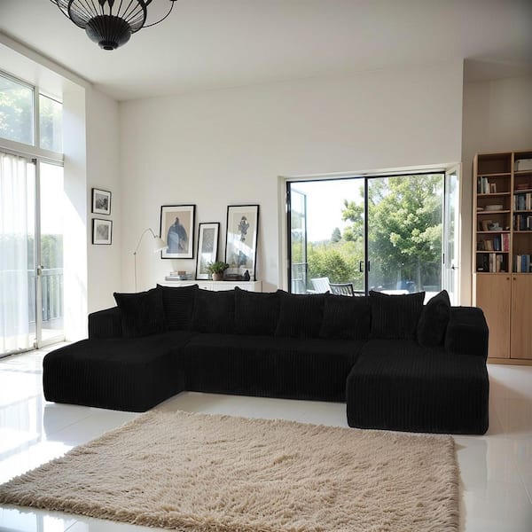 Noble House Interpreter 130.31 in. Polyester Upholstered U-Shaped Sectional Sofa in Black