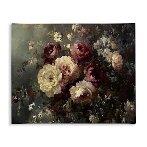 Wood Framed Vintage Floral Wall Art in Dark Moody Flower Wall