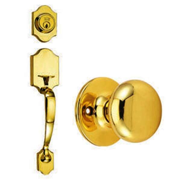 Design House Sussex Polished Brass Handleset with Cambridge Knob Interior and Single Cylinder Deadbolt
