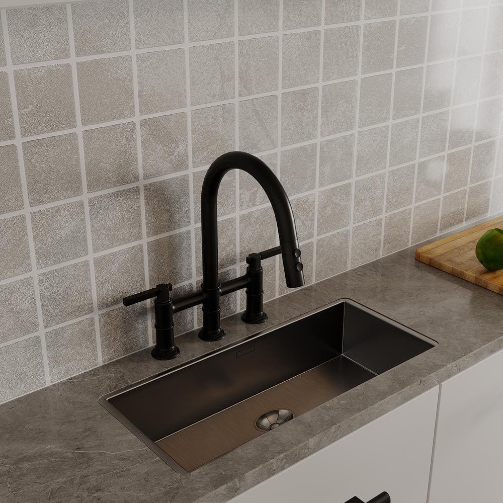 Matte Black Dual Handle Pull-Down Bridge Kitchen Faucet