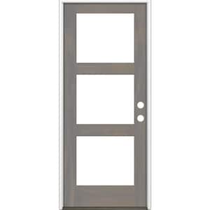 32 in. x 80 in. Modern Hemlock Left-Hand/Inswing 3-Lite Clear Glass Grey Stain Wood Prehung Front Door