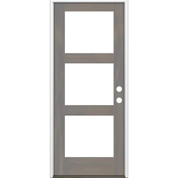 Krosswood Doors 32 in. x 80 in. Modern Hemlock Left-Hand/Inswing 3-Lite Clear Glass Grey Stain Wood Prehung Front Door