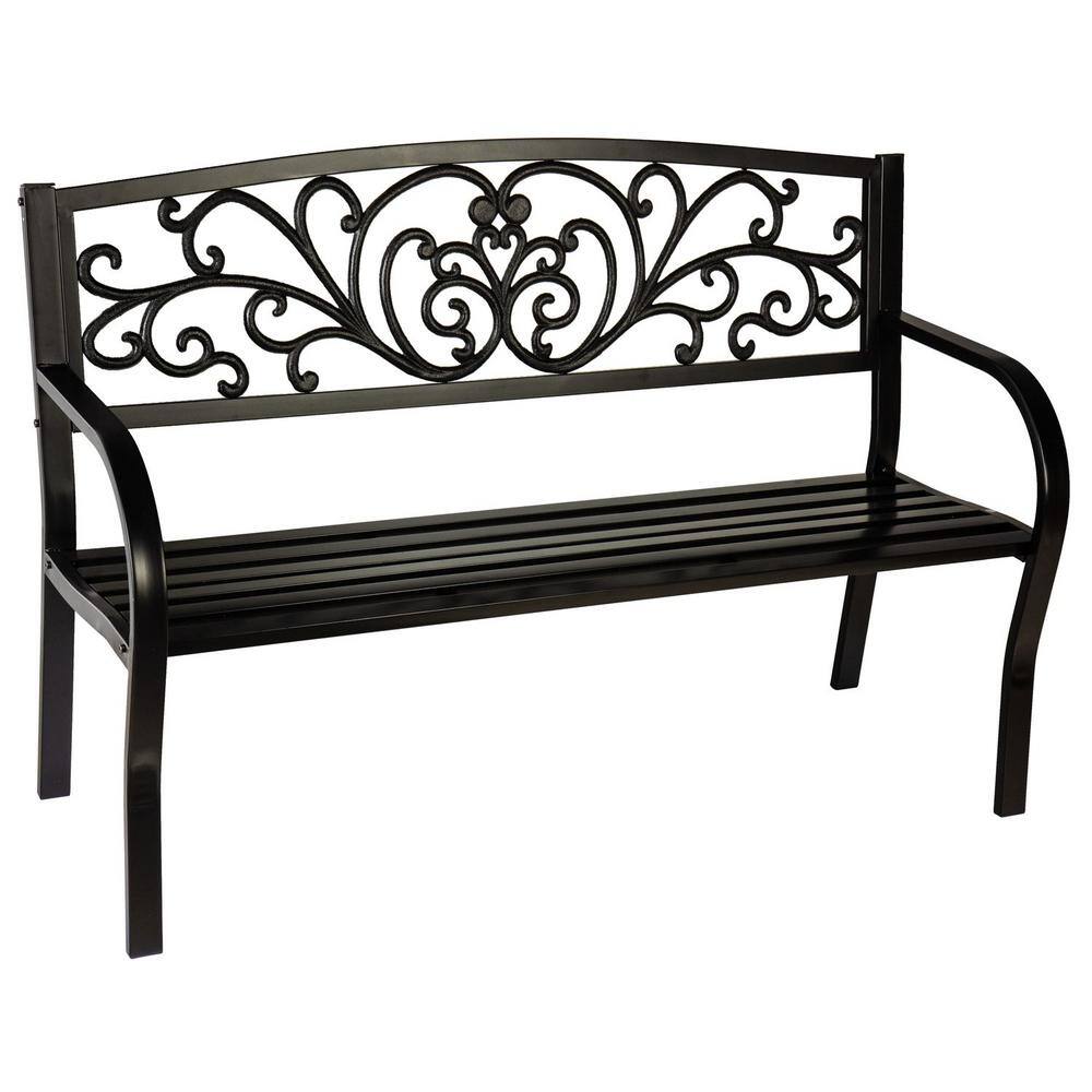 PLOW & HEARTH Blooming Garden 50 in. Black Metal Outdoor Bench 8MB124BK