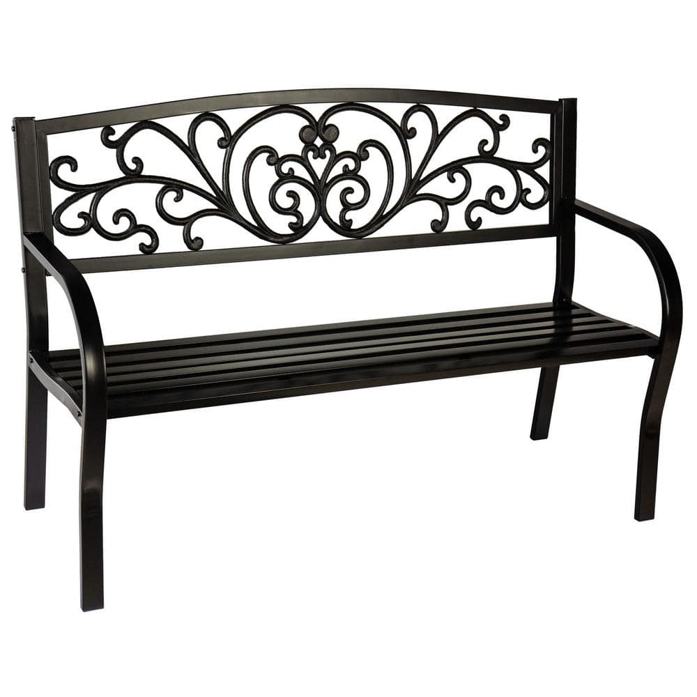 PLOW & HEARTH Blooming Garden 50 in. Black Metal Outdoor Bench 8MB124BK ...