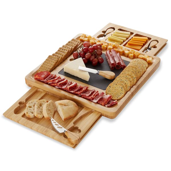 Casafield 14.25 in. Traditional Natural Brown Bamboo Cheese Board with Slate Cheese Plate and Cheese Knives