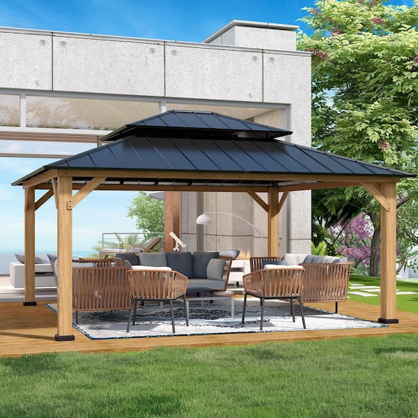 COOS BAY 13 ft. x 15 ft. Outdoor Patio Steel Hardtop Gazebo, Solid Cedar Framed Wood Gazebo with Double Roof