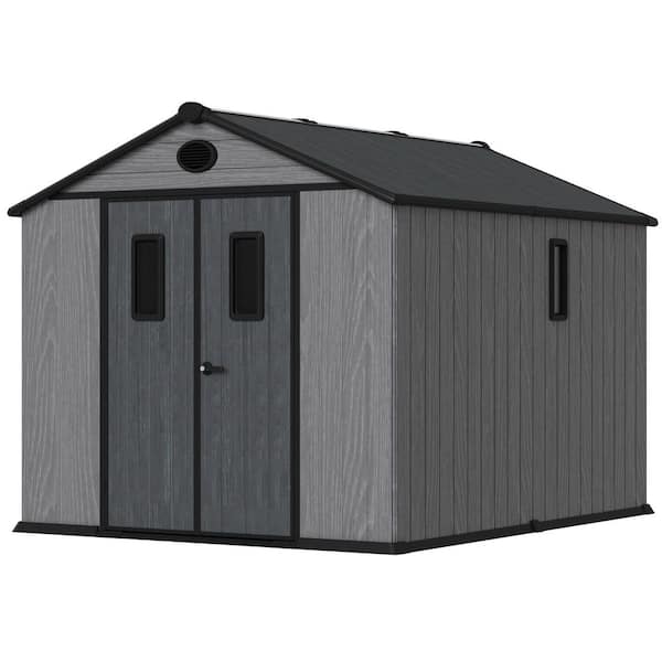 8 x 10 ft. Outdoor Storage Tool Shed with Door and Floor, Plastic Outdoor Storage Shed with Steel Frame, Gray