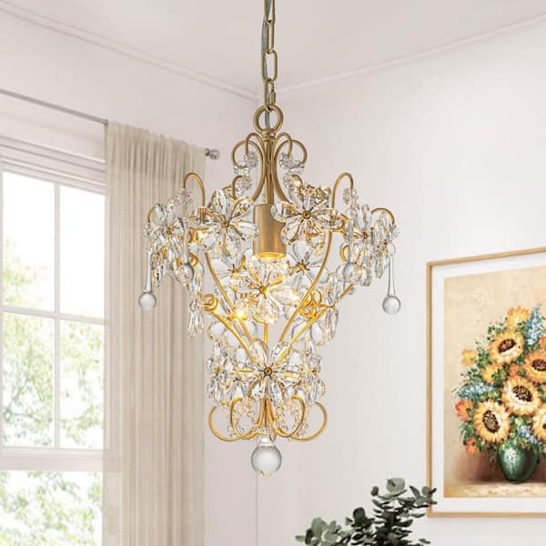 HUOKU Iridescent 1-Light 12.6 in.W Gold Mid-Century Flower Crystal Chandelier Classic Crystal Chandelier for Living Room