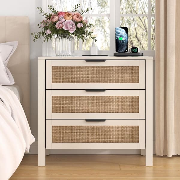 Boho White 3-Drawer 25 in. W Nightstand with Built-in Outlets