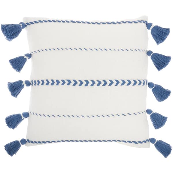 Mina Victory Lifestyles Blue Striped Fringe 20 in. x 20 in. Throw Pillow