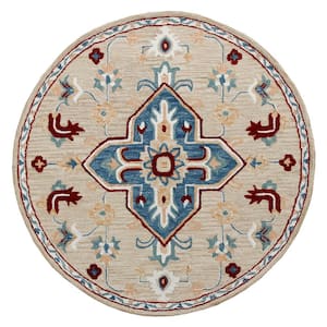 Bella Beige/Blue 7 ft. 3 in. Round Eclectic Hand-Tufted Medallion 100% Wool Round Area Rug