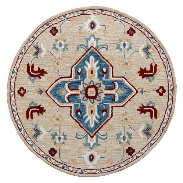 Eclectic Round Wool Rugs LR Home Bella Beige/Blue 7 ft. 3 in. Round Eclectic Hand-Tufted ...
