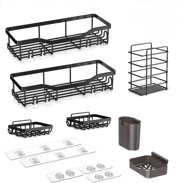 12.6 in. Stainless Steel Wall Mounted Shower Caddy 7-Pack with Soap Holder and Hooks in Black