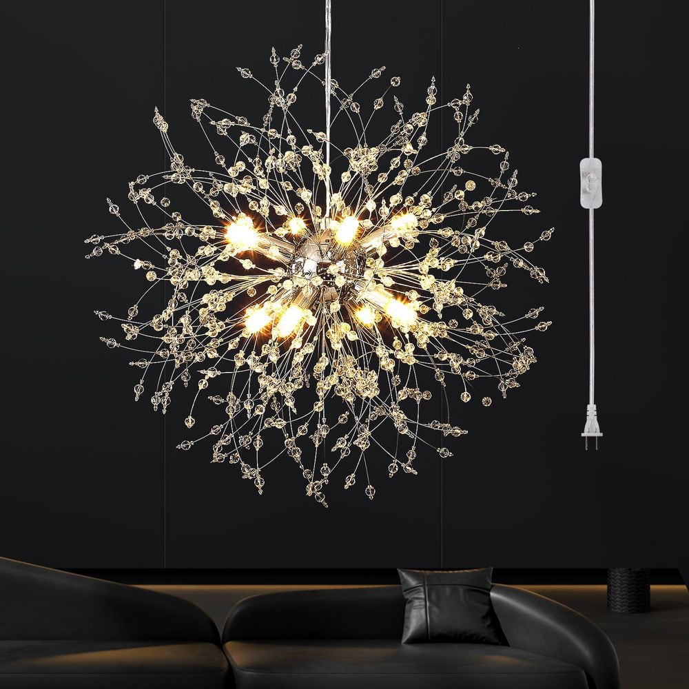Modern 18 in. 8-Light Chrome Dandelion Firework Chandelier with 15 ft. Plug-In Cord and Switch for Dining Room or Foyer price history on PriceWatchPro