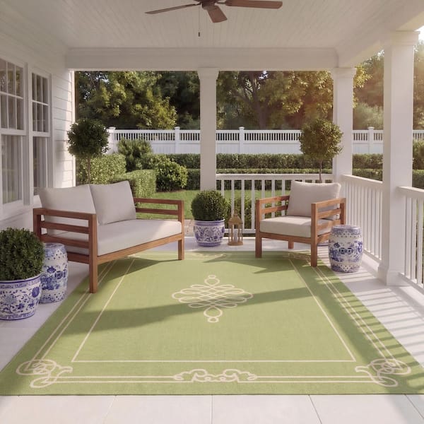 Courtyard Green/Cream 8 ft. x 11 ft. Border Indoor/Outdoor Patio  Area Rug