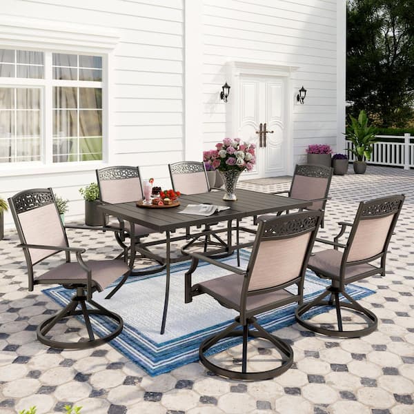 PHI VILLA 7-Pieces Alumninum Outdoor Patio Dining Set with 6 Textilene Dining Swivel Chairs and Metal Dining Table