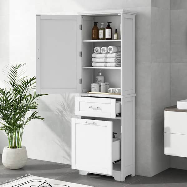 Zeus & Ruta 20 in. W x 13 in. D x 68.1 in. H White Linen Cabinet with 2-Different Size Drawers and Adjustable Shelf