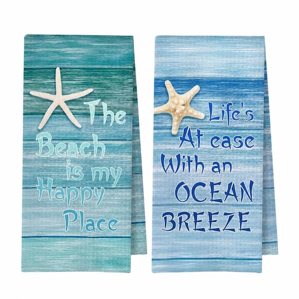 Blue Watercolor Ocean Starfish Decorative Cotton or Cotton Blend Waffle Weave Kitchen Towels 24 in x 16 in Set of 2