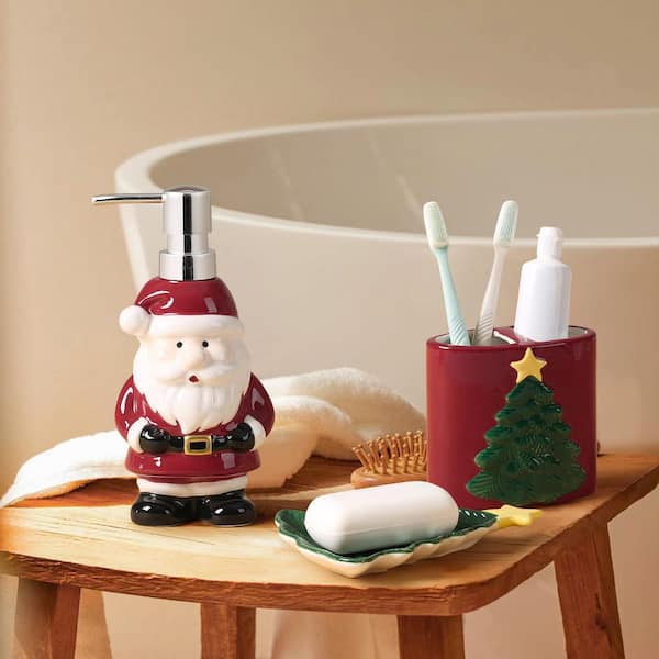Numhew 4-Pieces Red Ceramic Merry Christmas Bathroom Accessories