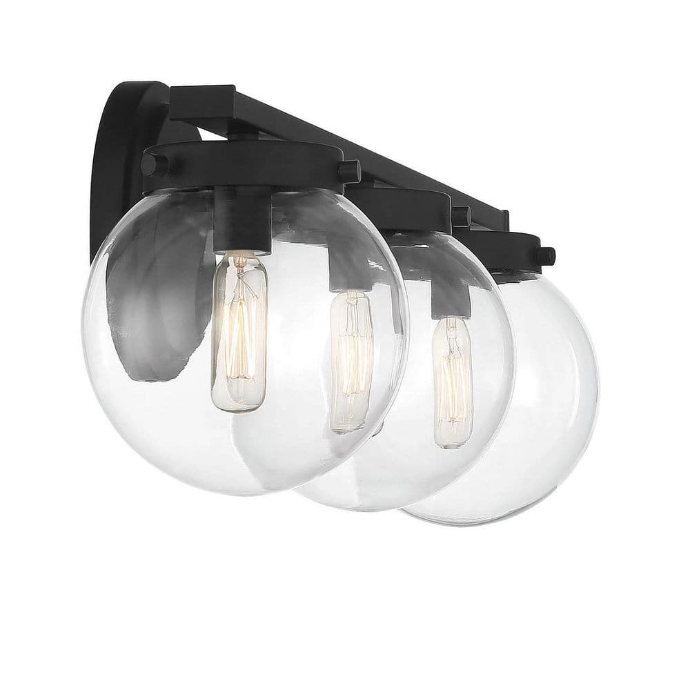 Matte Black Steel 3-Light Vanity with Clear Glass Shades