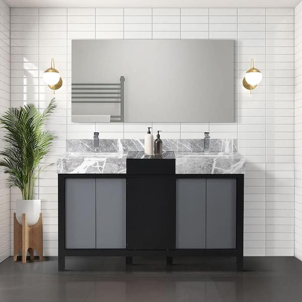 Lexora Zilara 55 in x 22 in D Black and Grey Double Bath Vanity, Castle Grey Marble Top, Chrome Faucet Set and 53 in Mirror
