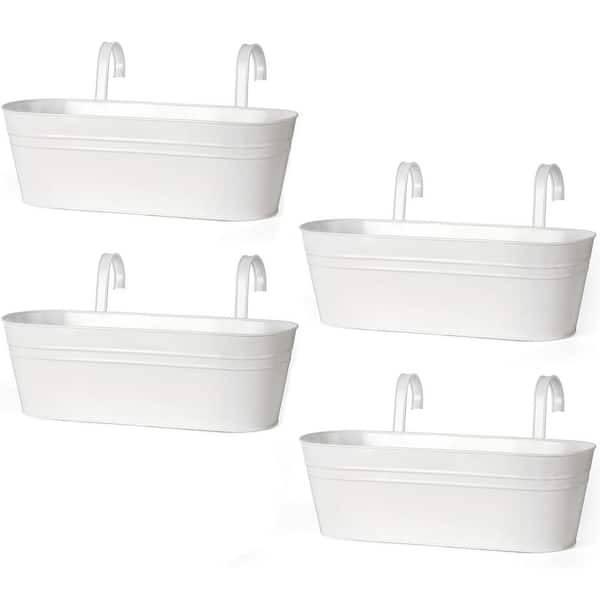 White Metal Hanging Flower Pots 15.7 in. Outdoor Railing Fence Planters with Drainage Hooks for Porch Balcony (4-Pack)