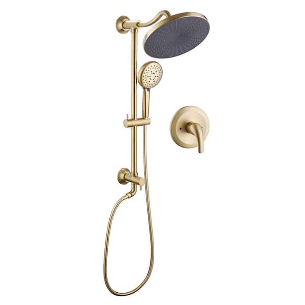 Single Handle 5-Spray Wall Mount Shower Faucet 1.8 GPM with Pressure Balance 10 in. Brass Shower System in Brushed Gold