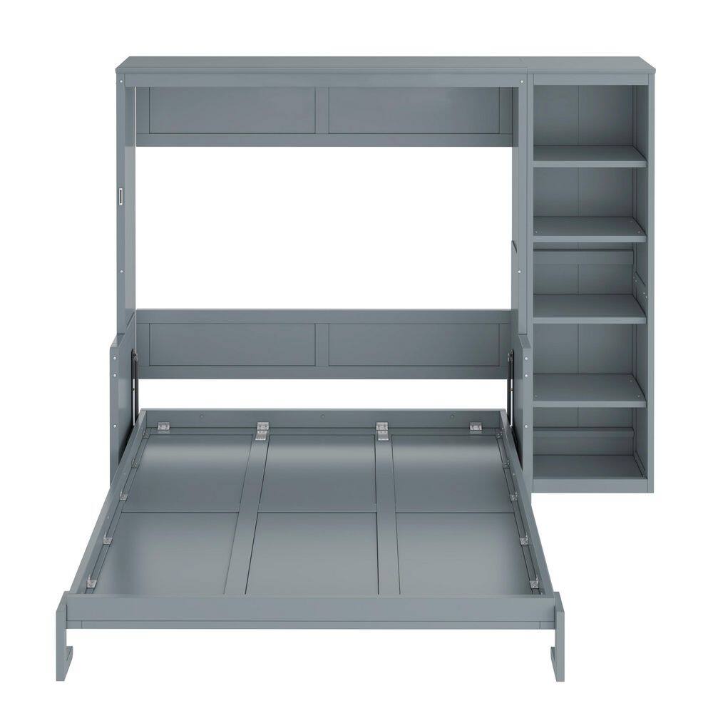 White Wood Frame Queen Size Murphy Bed Wall Bed with Integrated Desk and Storage Shelves - thumbnail 6