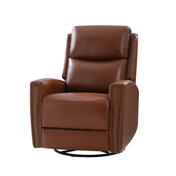 JAYDEN CREATION Regina 30.31 in. Wide Brown Genuine Leather Swivel Rocker Recliner with Nailhead Trims
