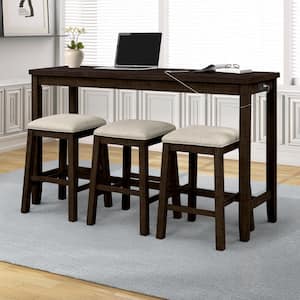 4-Piece Wood Top Brown Bar Table Set with Socket and Padded Stools