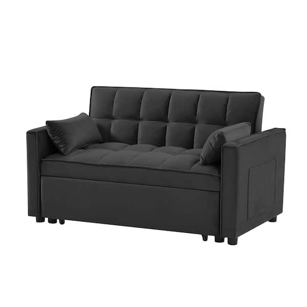 anpport 55 in. W 3-in-1 Convertible Velvet Sleeper Sofa Bed with 2 Pillows, Black, 2-Seater Loveseat