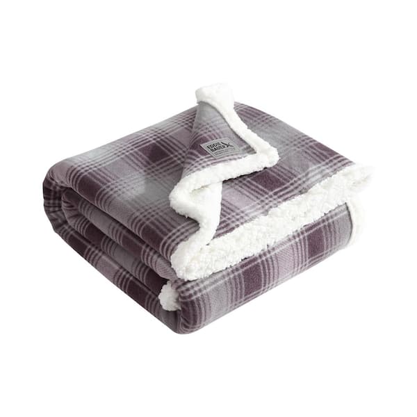 Eddie Bauer Nordic Plaid Plum Grey/Chrome Grey Fleece 50 x 70 Sherpa Reversable Throw Blanket