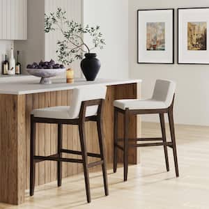 Gracie 29 in. Brushed Dark Brown Low Back Solid Wood Frame Bar Stool with Cream Boucle Fabric Upholstered Seat, Set of 2