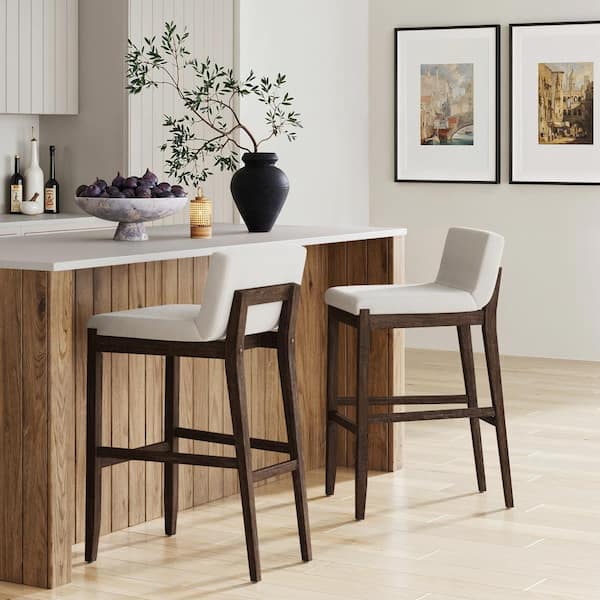 Nathan James Gracie 29 in. Brushed Dark Brown Low Back Solid Wood Frame Bar Stool with Cream Boucle Fabric Upholstered Seat, Set of 2