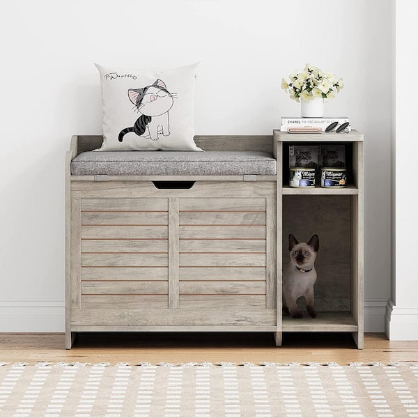 AndMakers Cat Litter Box Enclosure in Grey with Top Opening and Cushion