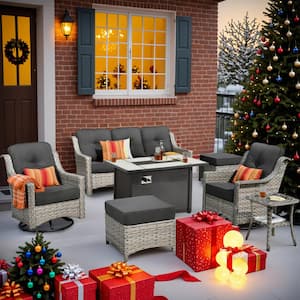 Verona 7-Piece Wicker Outdoor Patio Fire Pit Furniture Conversation Sofa Set with Swivel Chairs and Black Cushions