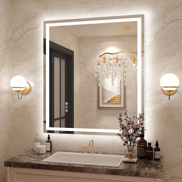 32 in. W x 36 in. H Rectangular Frameless Front and Back Lighted Anti-Fog Wall Bathroom Vanity Mirror, Tempered Glass
