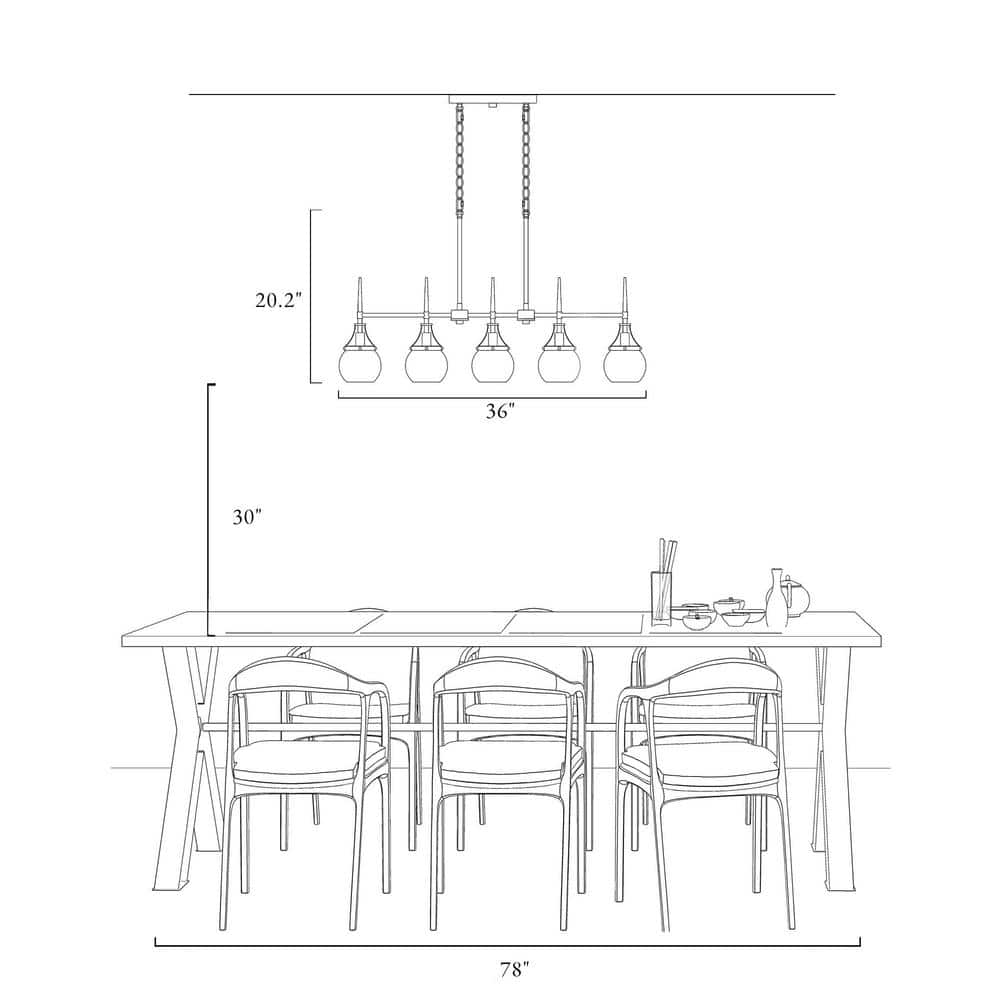 Black and Brass 5-Light Linear Chandelier with Glass Shades