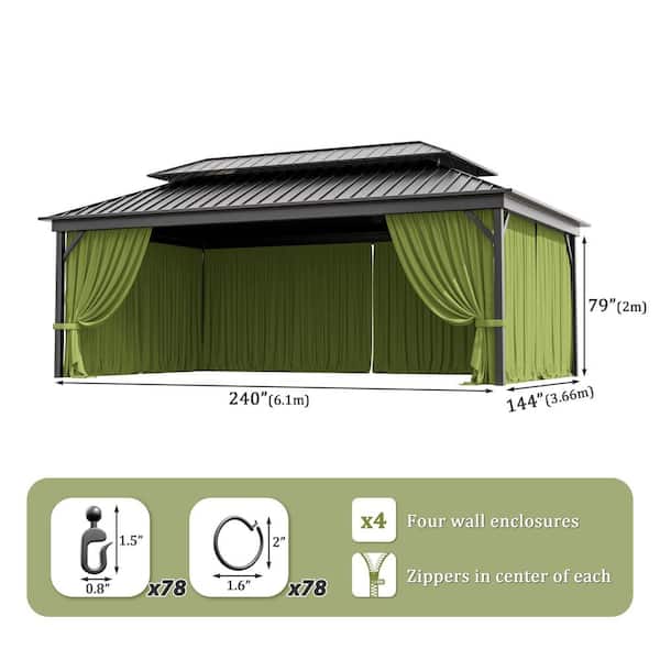 12 ft. x 20 ft. Universal Outdoor Privacy Curtains, Gazebo Replacement with Zipper Grass Green (4-Side Curtain Only)