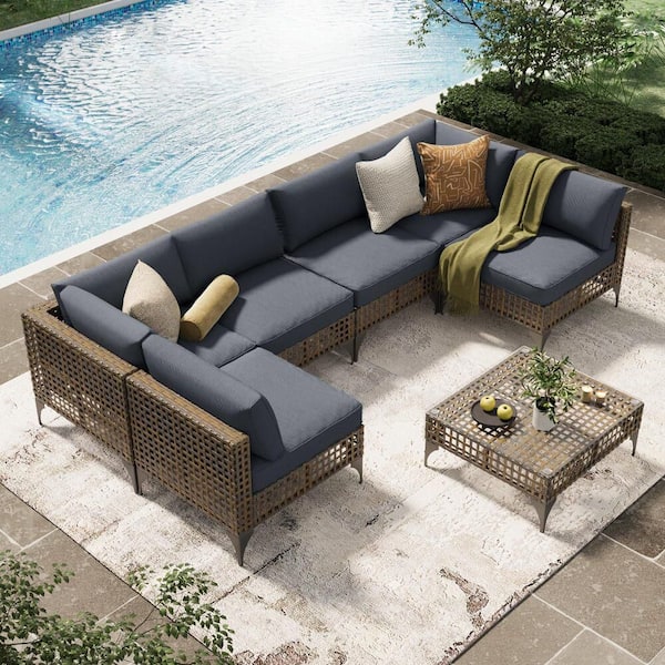 Zeus & Ruta 7-Piece Brown Metal Outdoor Sectional Set with Dark Gray Cushions and Coffee Table