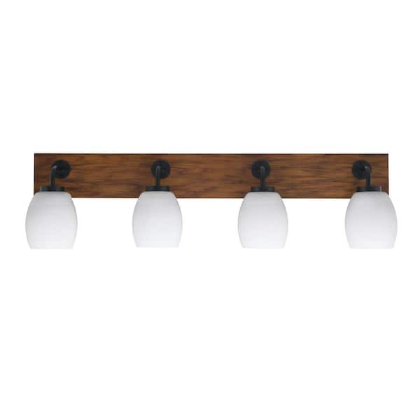 Unbranded Kirby 36 in. 4 Light Black and Painted Wood-look Vanity Light with 5 in. White Linen Glass Shades No Bulbs Included