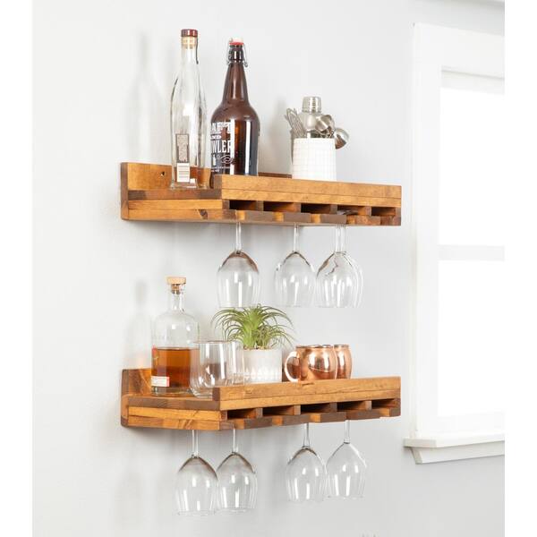 Wall Bar Shelves Industrial Pipe Shelving with 4 Stem Glass Holder, 4-Tiers  Rustic Floating Wine