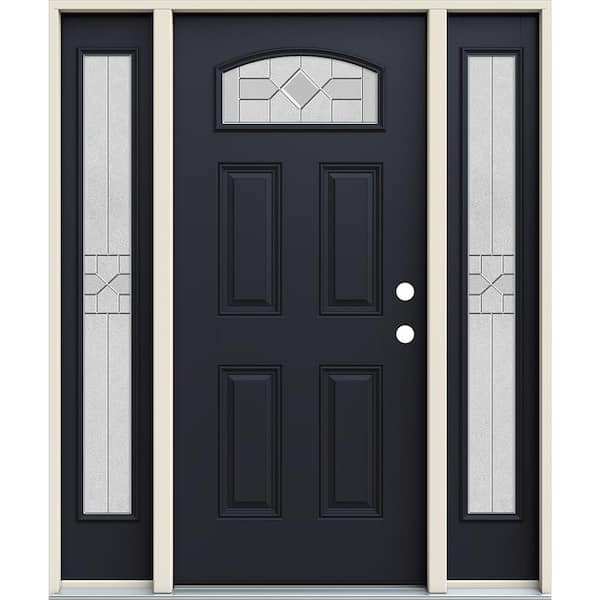 JELD-WEN 60 in. x 80 in. Left-Hand Camber Top Caldwell Decorative Glass Black Fiberglass Prehung Front Door w/Sidelites