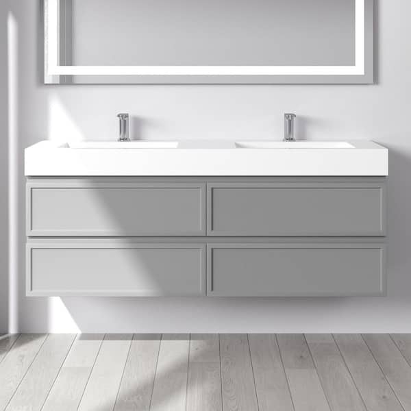 59 in. W x 19 in. D x 24 in. H Double Sink Wall Mounted Floating PVC Bath Vanity in Gray with White Solid Surface Top