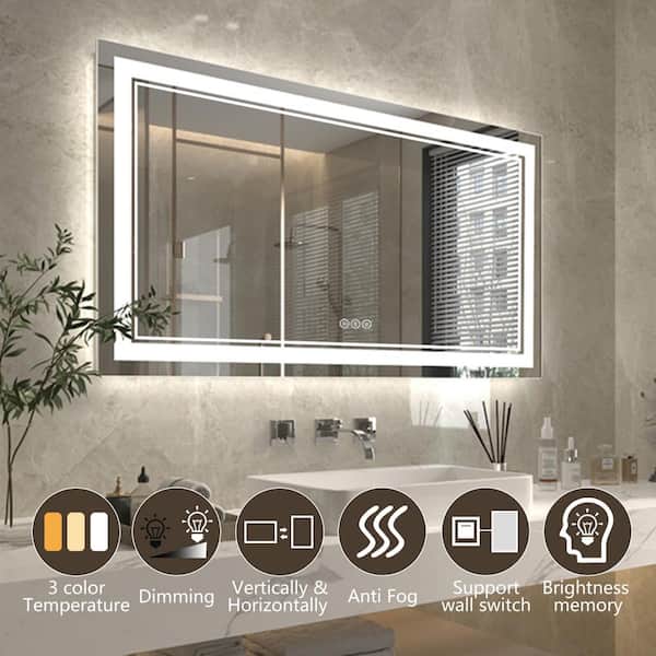 55 in. W x 30 in. H Large Rectangular Frameless Anti-Fog Wall Bathroom Vanity Mirror in Silver
