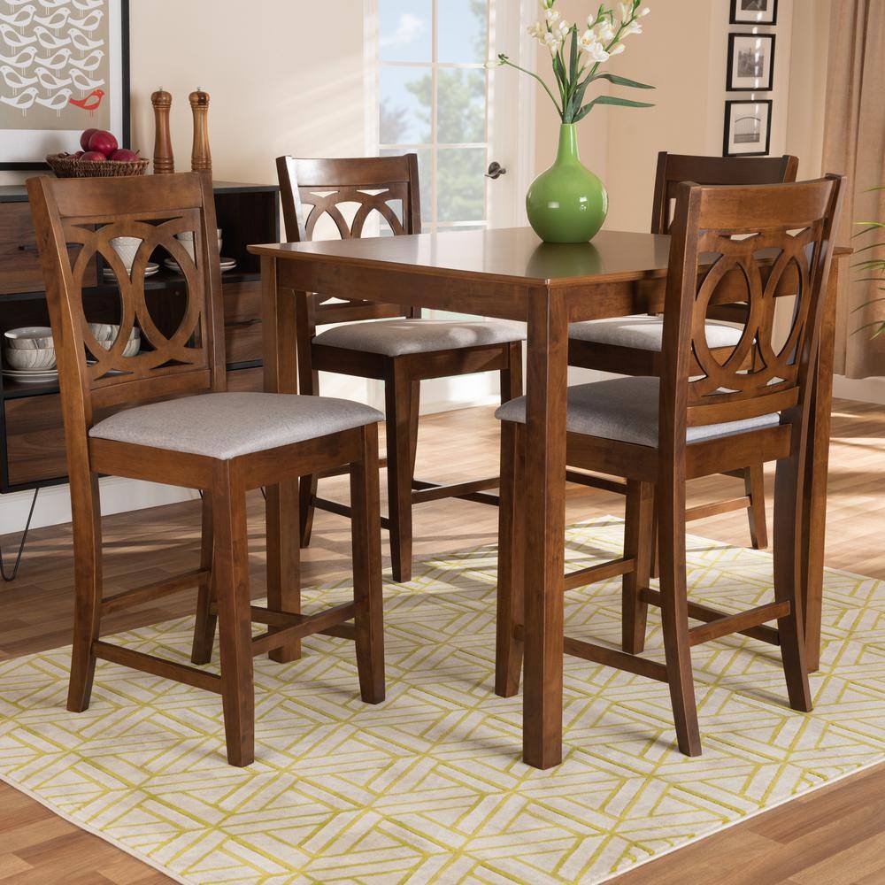 Walnut Brown 5-Piece Wood Pub Set with Grey Upholstered Chairs