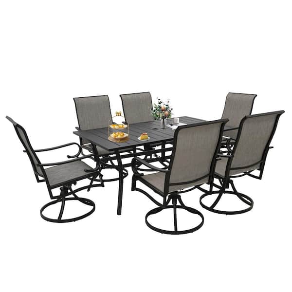 MEOOEM Black Metal Rectangle Patio Swivel Chairs Outdoor Dining Table (Set of 7)