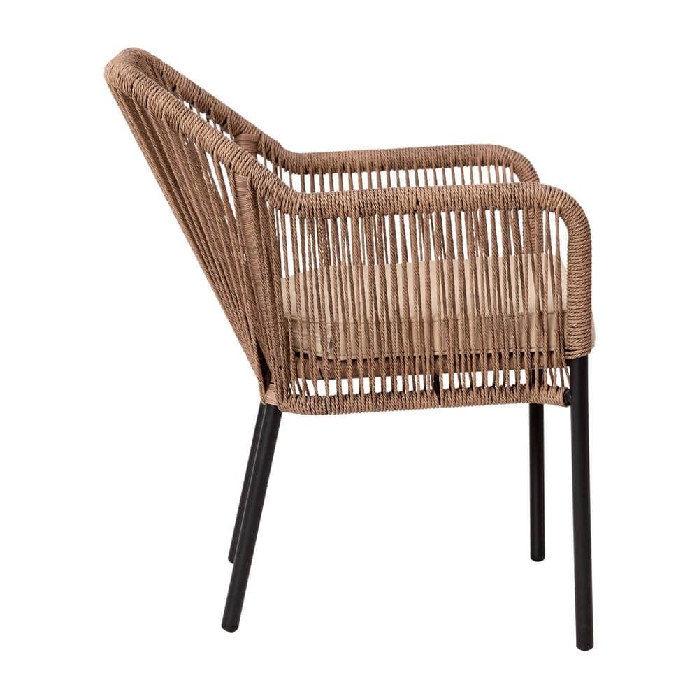 Natural Woven Metal Outdoor Dining Chairs with Cushions